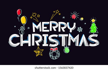Merry Christmas greeting card. Doodling style elements and lettering inscription