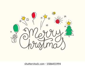 Merry Christmas greeting card. Doodling style elements and lettering inscription