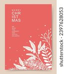 Merry Christmas greeting card. Elegant design with fir branches, mistletoe, winter floral elements. Holiday artistic vector template for banner, invitation, poster, advertising, social media