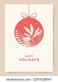 Feliz tarjeta de felicitación de Navidad. Diseño elegante con ramas de abeto, mistletoe, elementos florales de invierno. Plantilla vectorial artístico de vacaciones para banner, invitación, afiche, publicidad, medios sociales