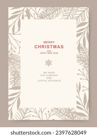 Merry Christmas greeting card. Elegant design with fir branches, mistletoe, winter floral elements. Holiday artistic vector template for banner, invitation, poster, advertising, social media