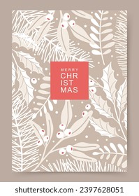 Merry Christmas greeting card. Elegant design with fir branches, mistletoe, winter floral elements. Holiday artistic vector template for banner, invitation, poster, advertising, social media