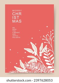 Merry Christmas greeting card. Elegant design with fir branches, mistletoe, winter floral elements. Holiday artistic vector template for banner, invitation, poster, advertising, social media