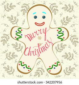 Merry Christmas greeting card. Elegant Ink hand lettering inside gingerbread man shape. Typographical Backdrop. Postcard, poster, flyer, T-shirt & textile design. Vector illustration.