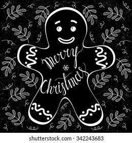 Merry Christmas greeting card. Elegant Ink hand lettering inside gingerbread man shape. Typographical Backdrop. Postcard, poster, flyer, T-shirt & textile design. Black & White Vector illustration.