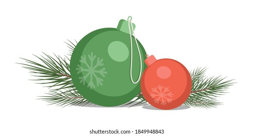 Merry Christmas greeting card elements isolated on white background. Christmas tree, decorating balls, and branches vector flat illustration. Happy New Year concept for invitation poster.