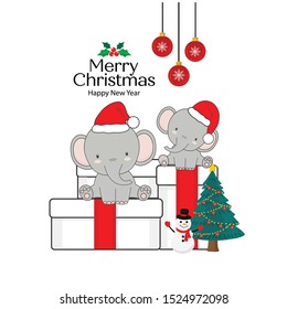 Merry Christmas Greeting Card. Elephants sitting on a gift box.
