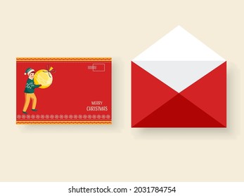 Merry Christmas Greeting Card With Envelope In Red And White Color.