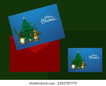 Merry Christmas Greeting Card, Envelope with Cartoon Gnome, Reindeer and Decorative Xmas Tree Illustration.