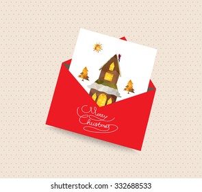 merry christmas greeting card with envelope house and tree