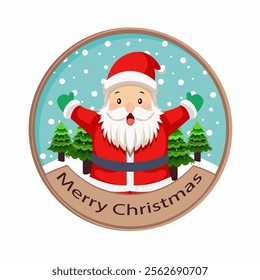 Merry Christmas Greeting Card with Excited Cartoon Santa Claus Character, Xmas Trees on Snowfall Background.