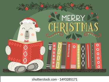 Merry Christmas greeting card. Fantasy white bear in Christmas hat reading book with lettering.Vector illustration.