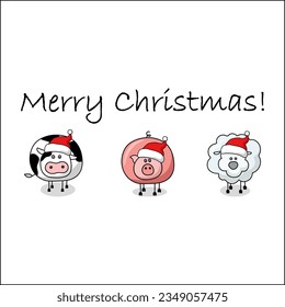 Merry Christmas greeting card with farm animals cow, pig and sheep wearing red Santa hat on white background. Cartoon vector illustration.