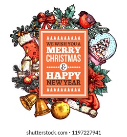 Merry Christmas greeting card with festive and holiday hand drawn icons on background. Sketch vector colorful illustration