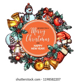 Merry Christmas greeting card with festive and holiday hand drawn element on background. Xmas circle label or banner. Sketch vector colorful illustration