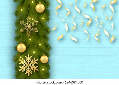 Merry Christmas greeting card. Festive background. Tree branches are arranged vertically. Toys, golden balls, snowflakes, confetti ribbon. Light. Background of the wall of blue boards. 10 eps