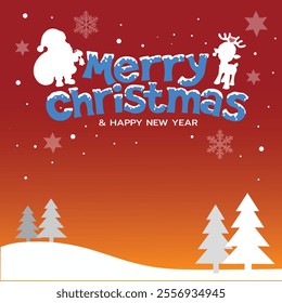 Merry Christmas greeting card. A festive Christmas greeting card featuring a snowy landscape, white pine trees, and silhouettes of Santa Claus and a reindeer against a warm red-orange gradient sky.