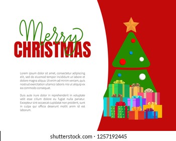 Merry Christmas greeting card with fir tree. Vector invitation leaflets with spruce decorated by balls and topped by star, piles of presents in boxes