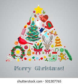 Merry Christmas Greeting Card with Fir Tree Santa Claus and Snowflakes. Vector background