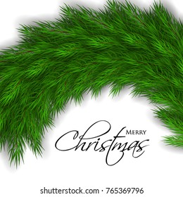 Merry Christmas greeting card with fir  tree branches background