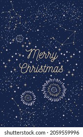 Merry Christmas! Greeting card with fireworks and night sky background