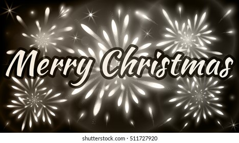 Merry Christmas greeting card with fireworks of black, grey and white shades. Xmas celebrations