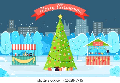 Merry Christmas greeting card with fir-tree decorated by garland in winter park. Dark view of city with traditional Xmas wood and fair tent with gift bow on snowy land near trees and buildings vector