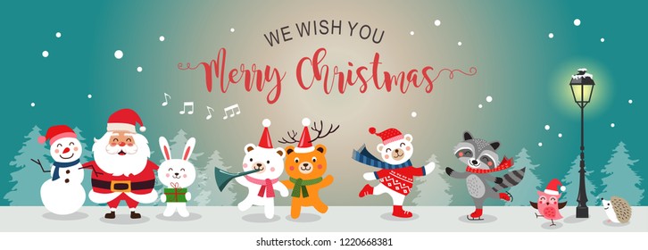  Merry Christmas greeting card flat. Set of cute cartoon Christmas characters. Vector illustration.