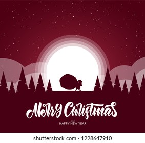 Merry Christmas. Greeting card with flat cartoon scene. Silhouette of Santa Claus carries a heavy sack full of gifts in forest on moon background.