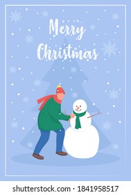 Merry Christmas greeting card flat vector template. Man building snowman. Festive season. Brochure, booklet one page concept design with cartoon characters. Winter holidays celebration flyer, leaflet