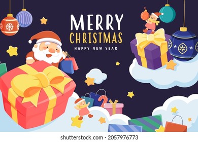 Merry Christmas greeting card. Flat illustration of Santa Claus and elves with lots of gifts storing on clouds on dark blue background
