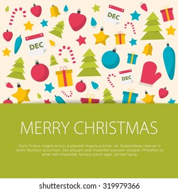Merry Christmas greeting card flat design with Christmas equipment. Vector illustration.