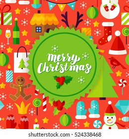 Merry Christmas Greeting Card. Flat Style Vector Illustration for Happy New Year Winter Holiday.