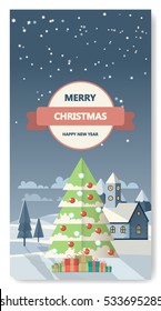 Merry Christmas Greeting Card Flat Style Vector Illustration. 