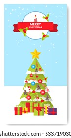 Merry Christmas Greeting Card Flat Style Vector Illustration. 