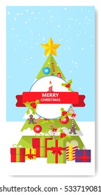 Merry Christmas Greeting Card Flat Style Vector Illustration. 