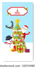Merry Christmas Greeting Card Flat Style Vector Illustration. 