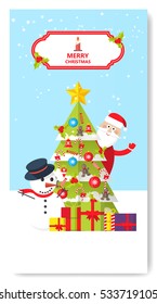 Merry Christmas Greeting Card Flat Style Vector Illustration. 