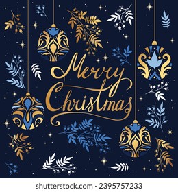 Merry Christmas greeting card. Floral frame and background design. Poster, holiday cover. 