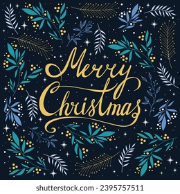 Merry Christmas greeting card. Floral frame and background design. Poster, holiday cover. 