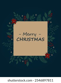 Merry Christmas greeting card with floral border on dark blue background