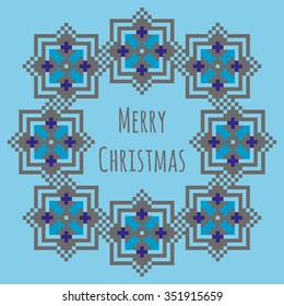 Merry Christmas greeting card. Christmas floral frame. Cross stitch pattern in cool colors.