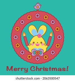 Merry Christmas greeting card. Flower ribbon garland, adorable bird, candle, decoration, celebration. Happy cute bunny, kawaii rabbit animal cartoon character smile doodle vector illustration design