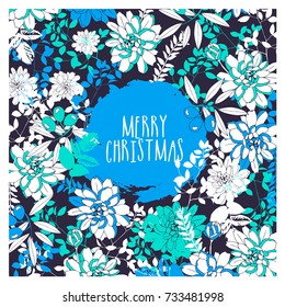 Merry Christmas greeting card with flowers and olives.