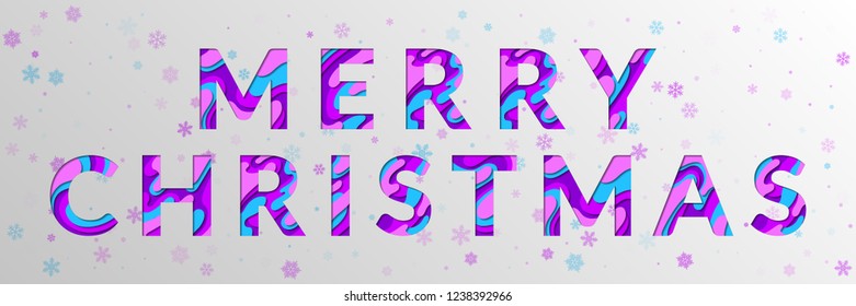 Merry Christmas greeting card with fluid paper cut shapes background. 3D carving art vector. Merry Christmas calligraphic letters cut of origami paper. Papercut text vector design with snowflakes.