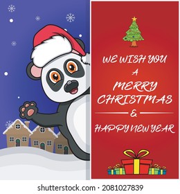 Merry Christmas Greeting Card, Flyer, Invitation, and Poster. Cute Panda Character Design Wearing Hat. Vector And Illustration.
