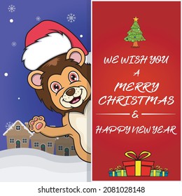 Merry Christmas Greeting Card, Flyer, Invitation, and Poster. Cute Lion Character Design Wearing Hat. Vector And Illustration.