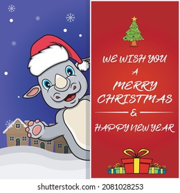 Merry Christmas Greeting Card, Flyer, Invitation, and Poster. Cute Rhino Character Design Wearing Hat. Vector And Illustration.