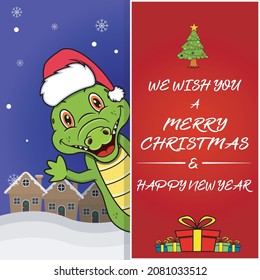 Merry Christmas Greeting Card, Flyer, Invitation, and Poster. Cute Crocodile Character Design Wearing Hat. Vector And Illustration.