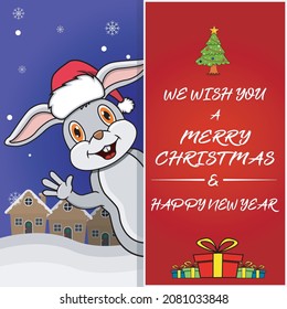 Merry Christmas Greeting Card, Flyer, Invitation, and Poster. Cute Rabbit Character Design Wearing Hat. Vector And Illustration.